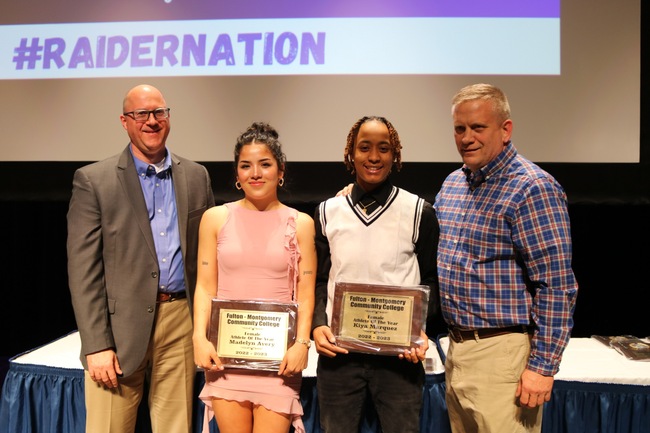 2023 Female Athletes of the Year. L to R: President Greg Truckenmiller, Madelyn Avery, Kiya Marquez and Athletic Director Kevin Jones.